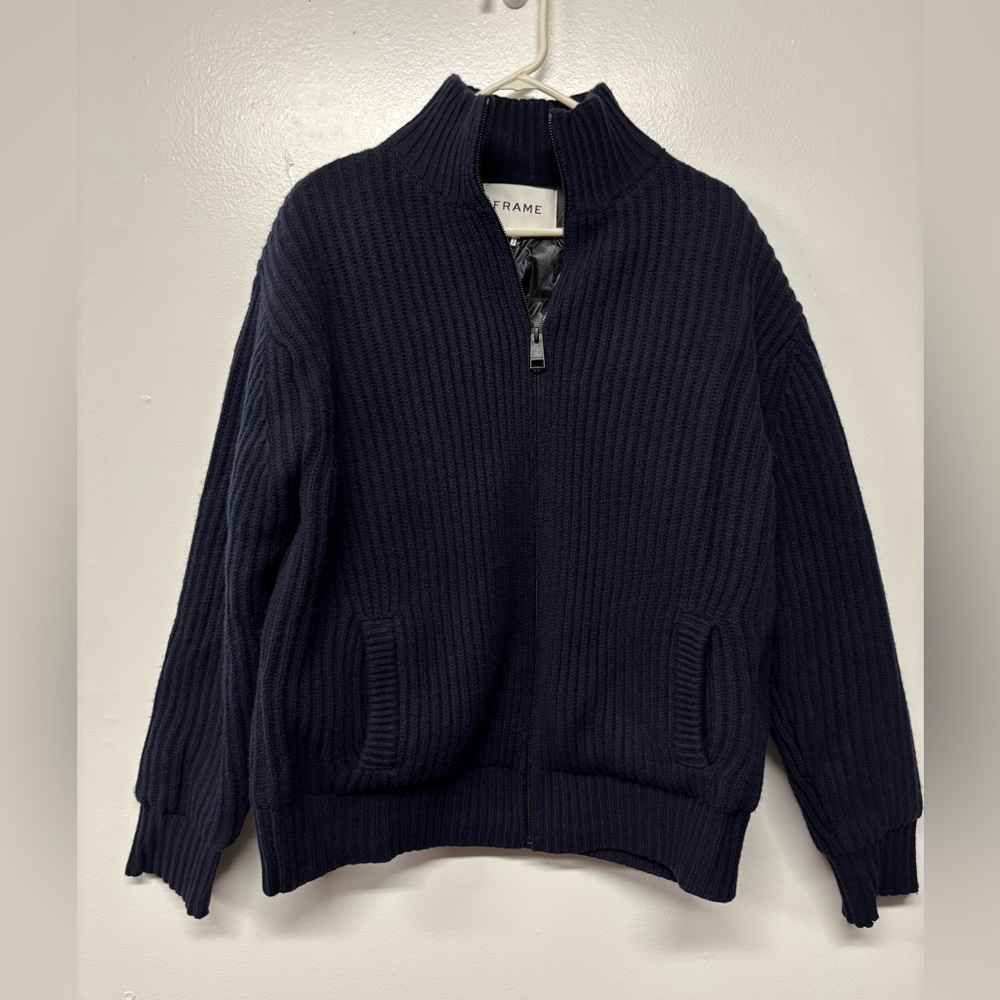 Frame Denim Wool Navy Blue Wool Knit Puffer Jacket Size Medium